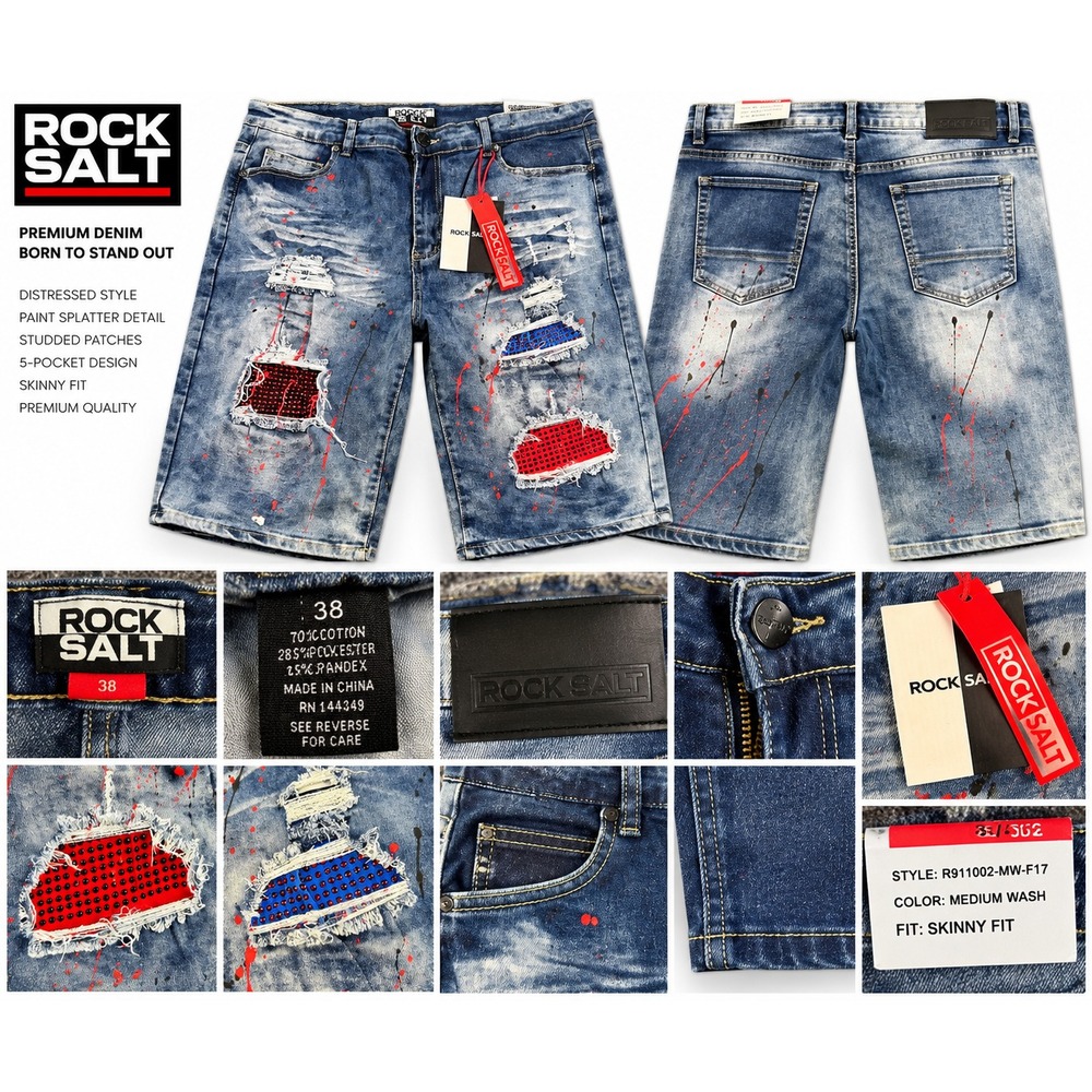 Rock Salt Men's 38 Distressed Paint Splatter Rhinestone Patch Jeans Shorts NWT